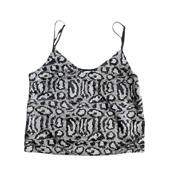 GILLI Sequin Leopard Print Crop Tank Top Camisole Black Silver Adjustable Size M - Picture 4 of 8